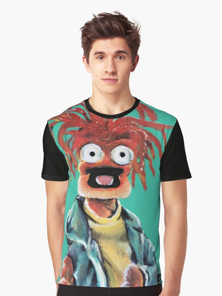 Pepe the King Prawn from the Muppets in a colorful fan art graphic design on a t-shirt - Men