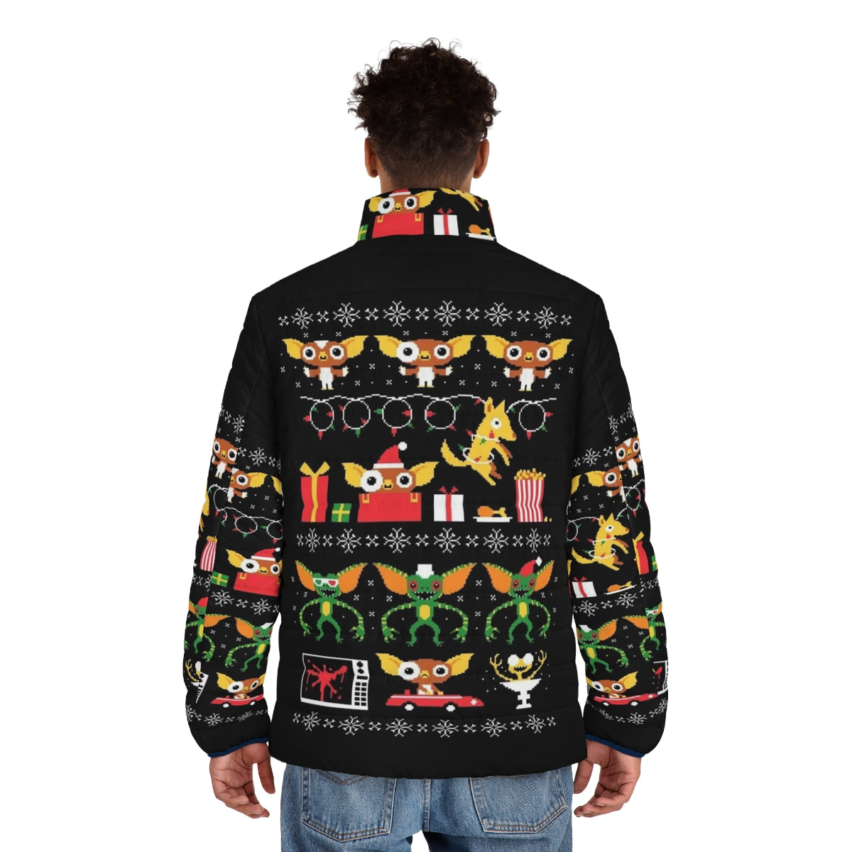 Gremlin-inspired puffer jacket with retro 80s movie graphics - men back