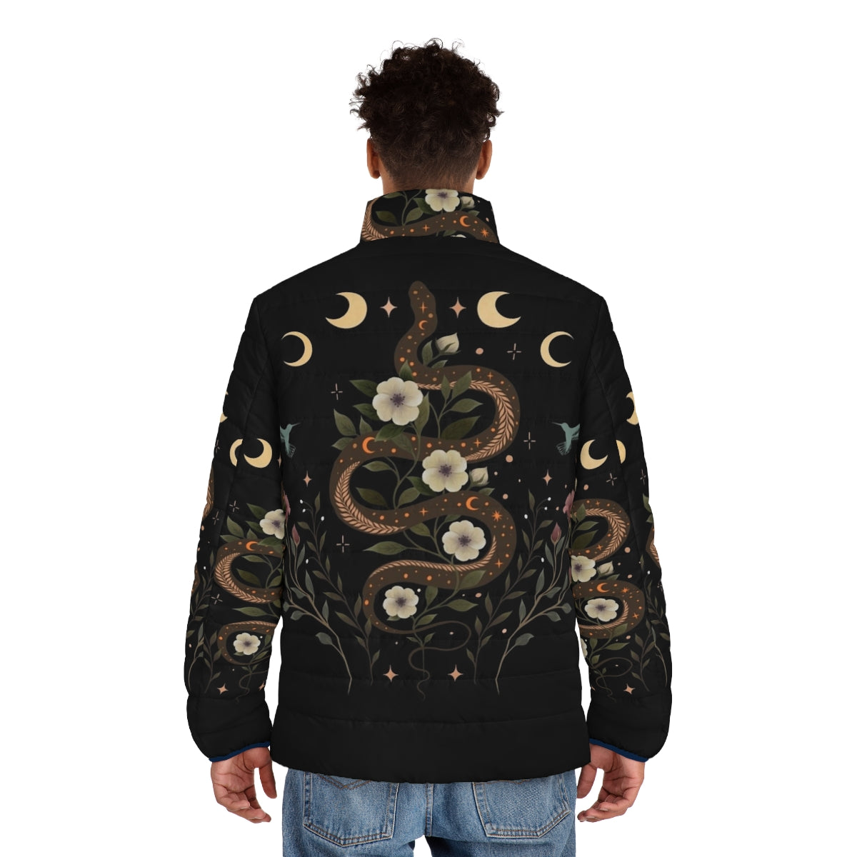 Serpent Spell Puffer Jacket in Mystical Botanical and Moonlight Design - men back