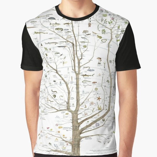 A graphic t-shirt featuring the tree of life, depicting the evolution of various animals including birds and dinosaurs.