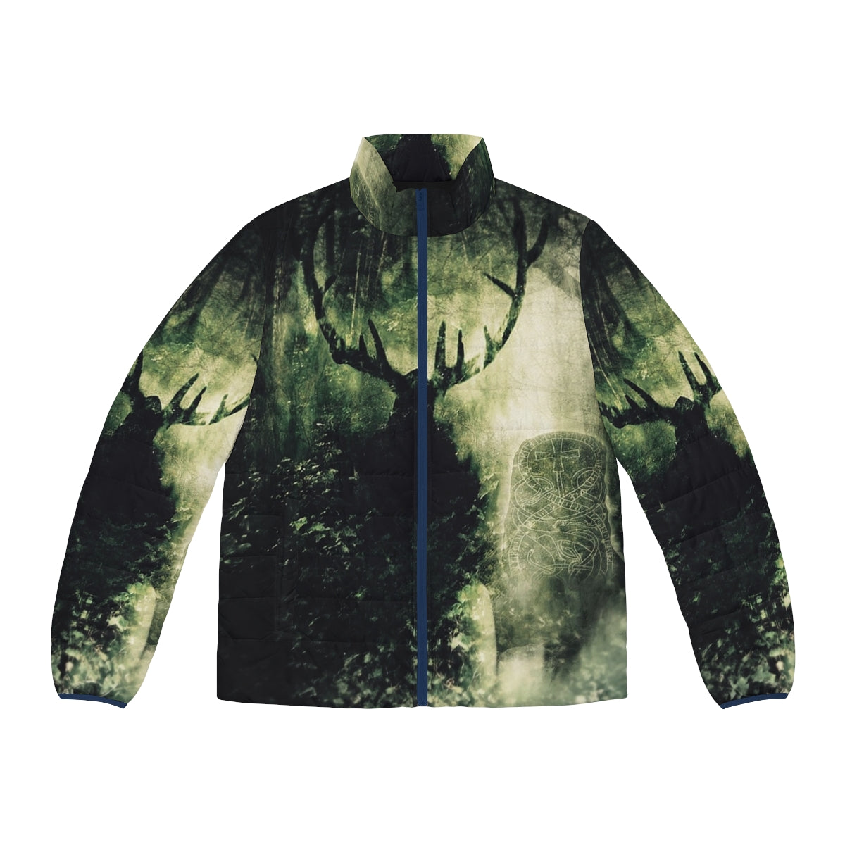 Puffer jacket with Celtic mythological design and nature-inspired elements