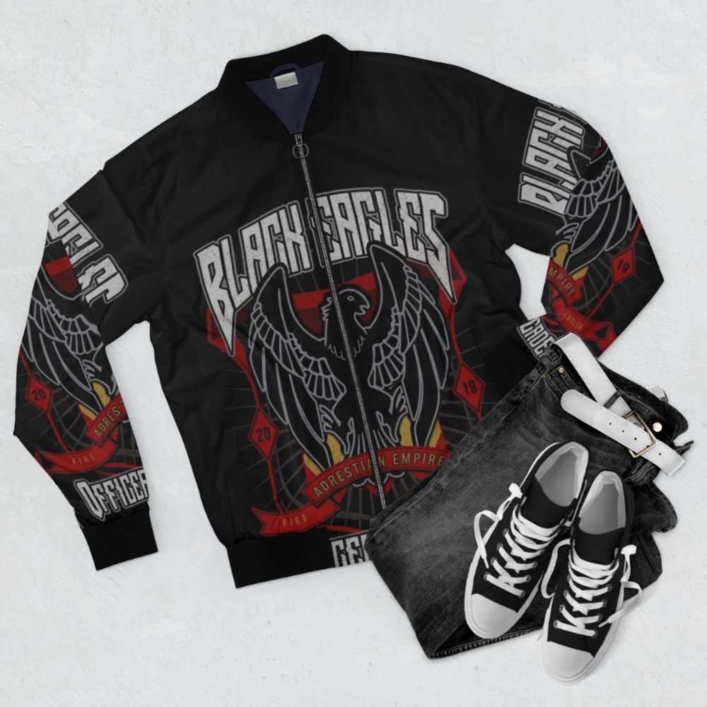 Black Eagles Crest Bomber Jacket, featuring the iconic emblem from the video game Fire Emblem: Three Houses. - Flat lay