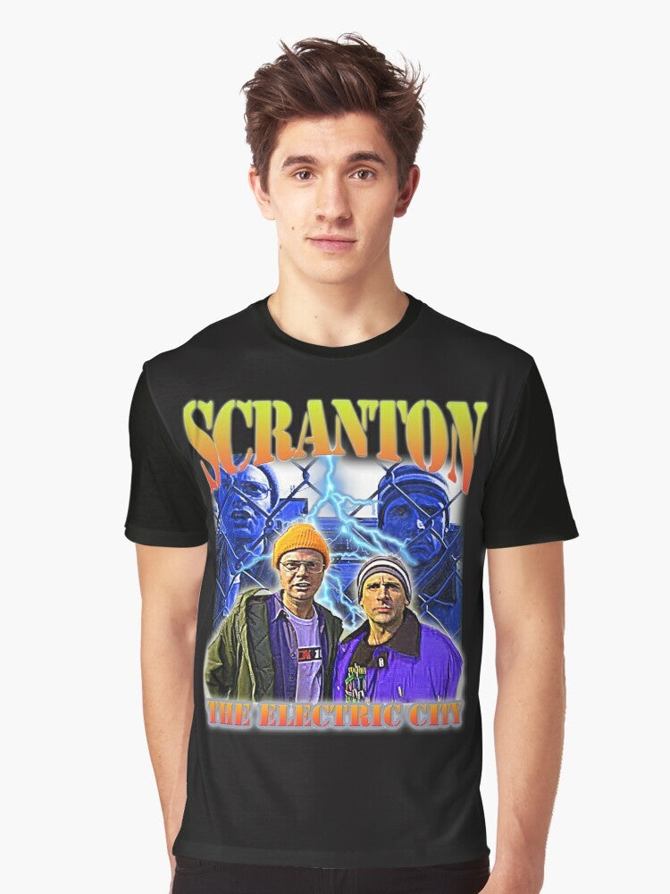 The Electric City Scranton Graphic T-Shirt with a vintage-inspired design featuring references to the TV show "The Office" - Men