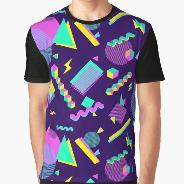 Retro bowling alley-inspired graphic t-shirt with vaporwave and corporate aesthetics