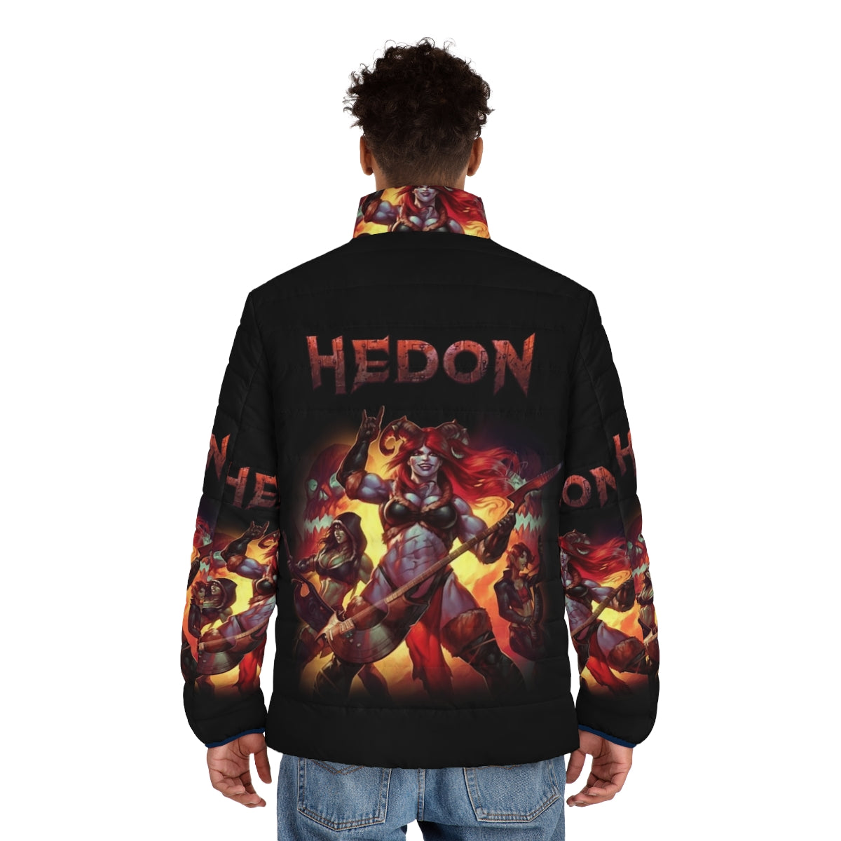 Hedon fantasy puffer jacket featuring retro video game inspired art and design - men back