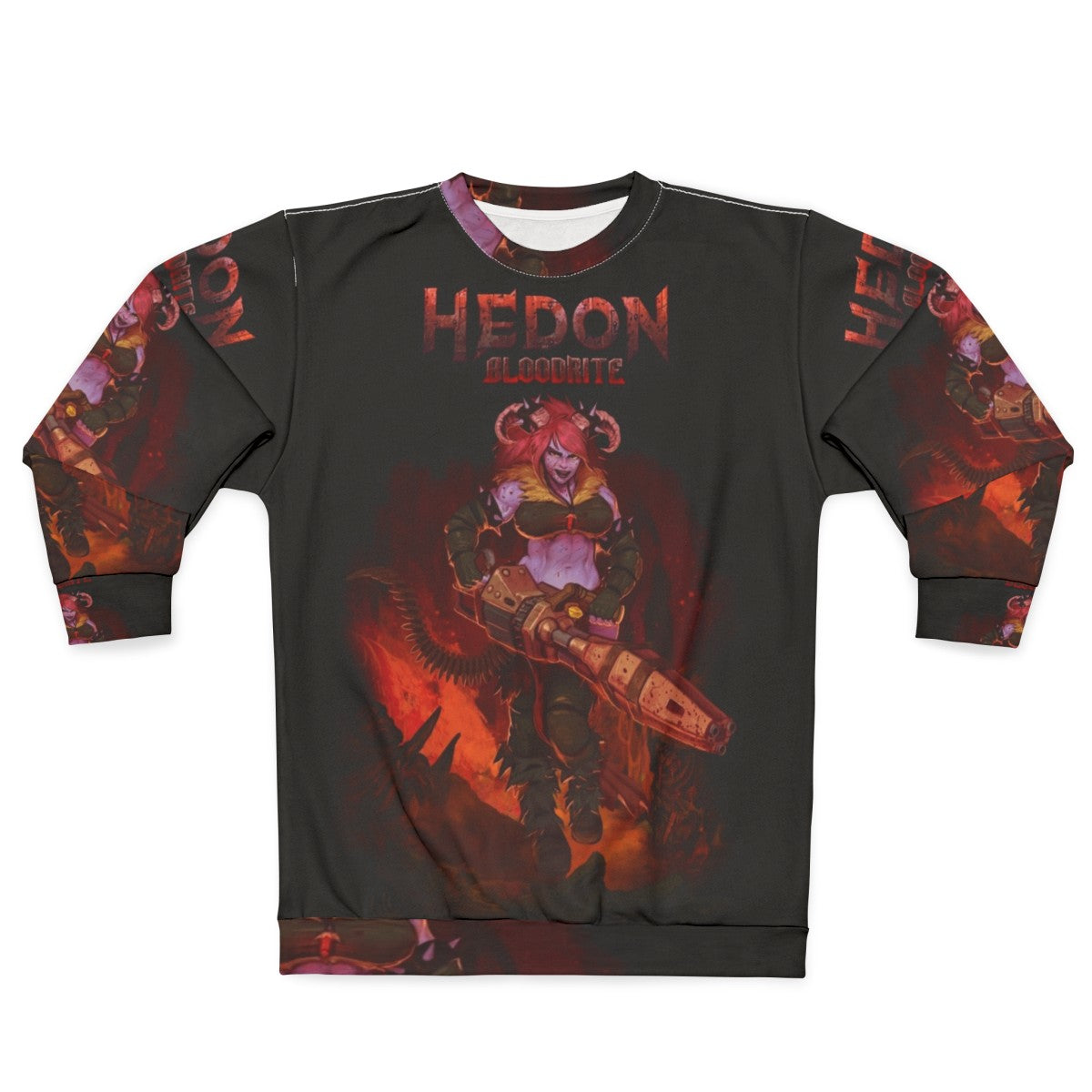 Hedon Bloodrite retro style sweatshirt with demon horns and video game art