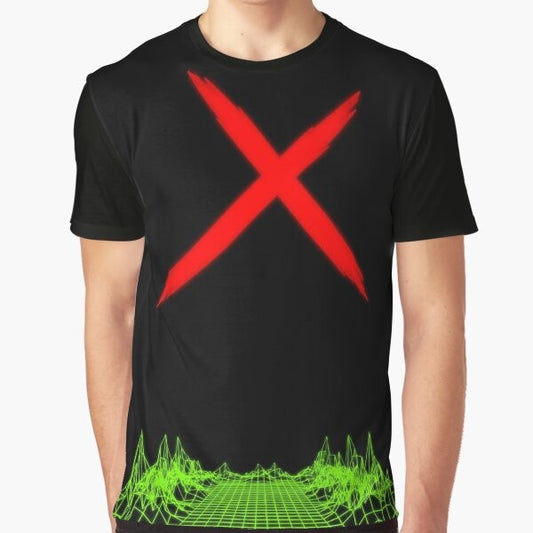 A graphic t-shirt featuring The Trickster character from the game Dead by Daylight, with a neon nights, synthwave, and retro-inspired design.