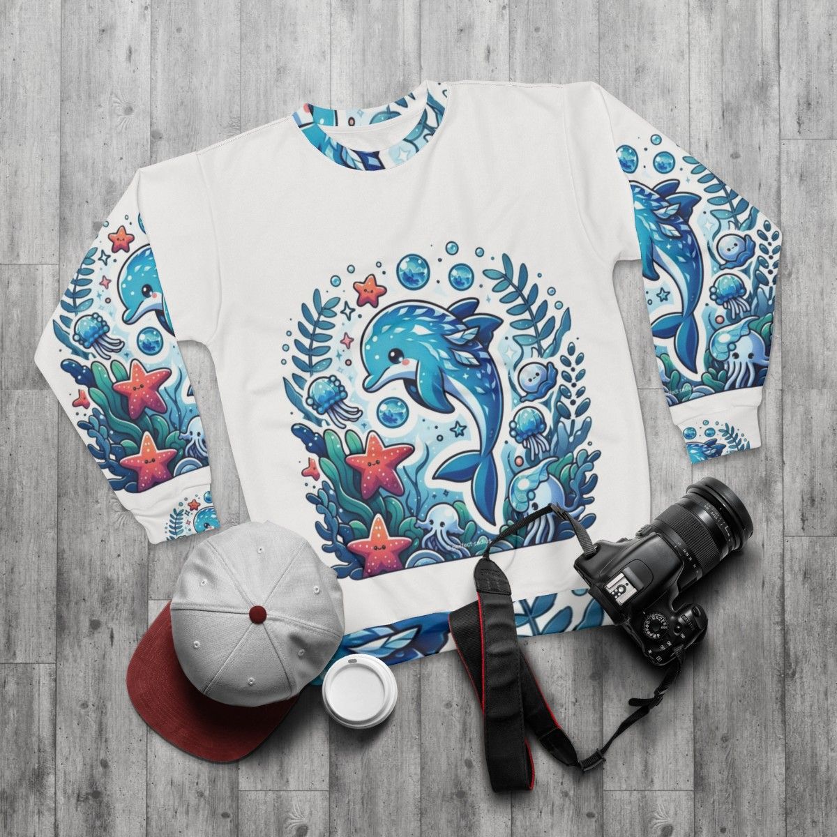 Legendary frostfin dolphin fantasy design on a cozy sweatshirt - flat lay