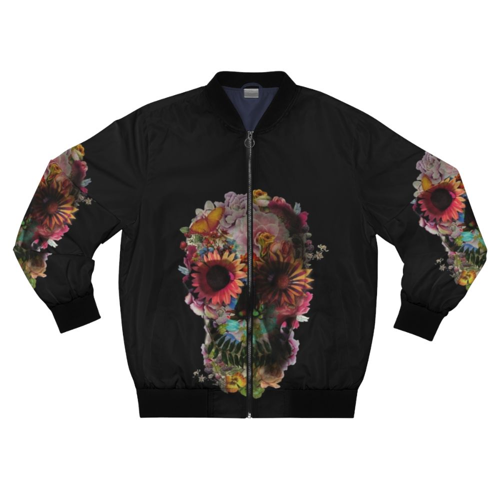 Skull Bomber Jacket with Floral and Skull Graphic Design