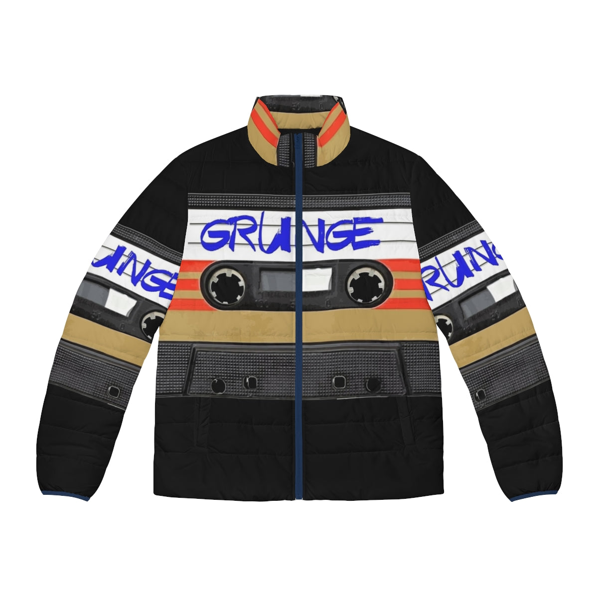 Grunge music puffer jacket with vintage retro classic alternative rock band design