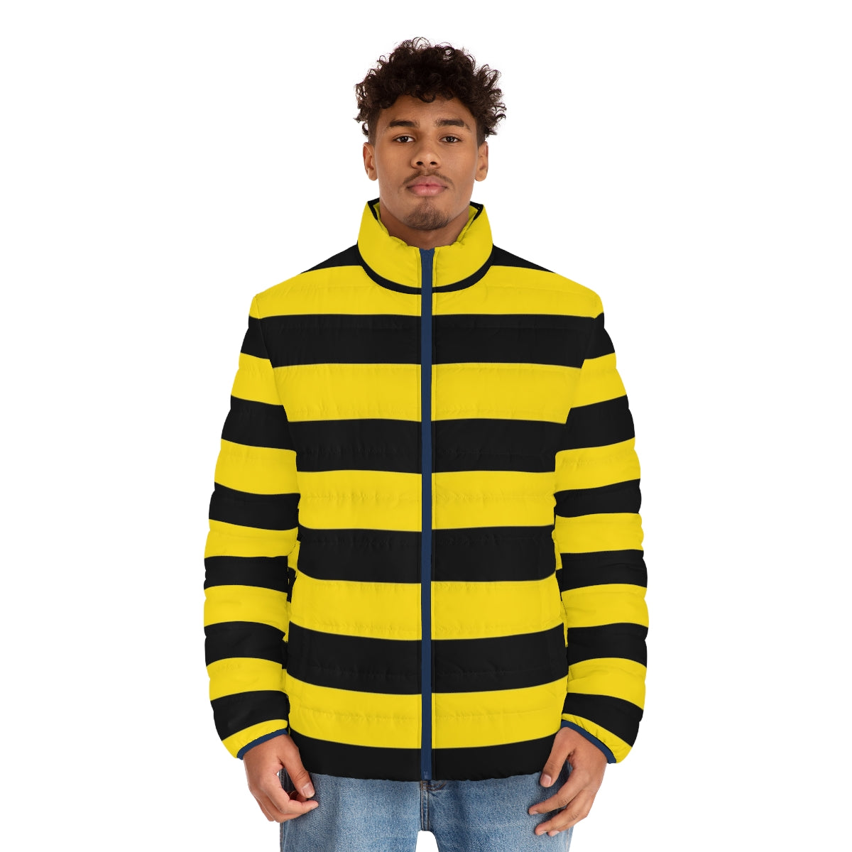 Vibrant yellow and black wide horizontal striped puffer jacket - men front