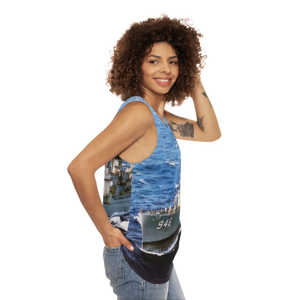 Unisex Navy Tank Top with USS Edson DD 946 Design - women side