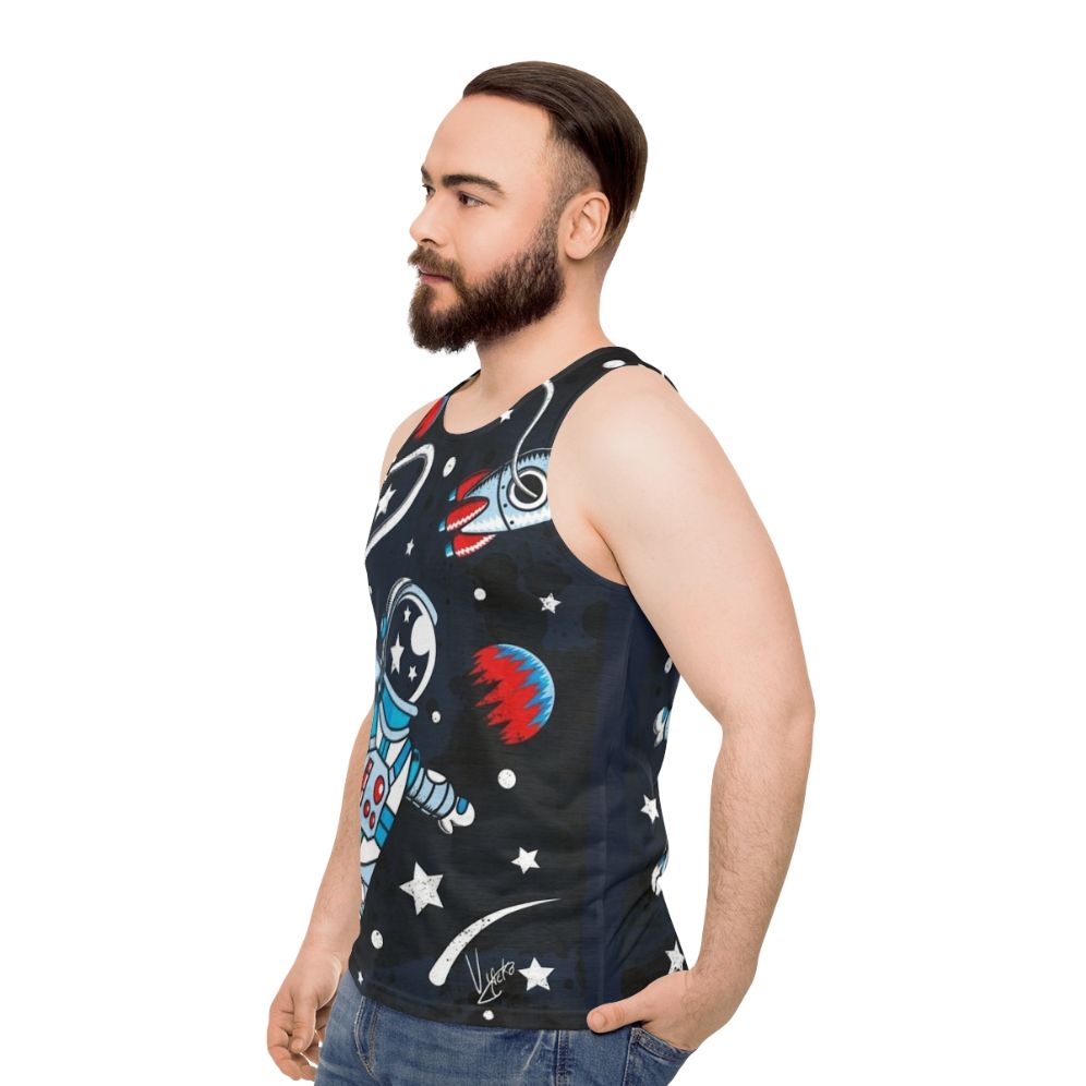 Space-themed unisex tank top with rocket ship and cosmic imagery - men side