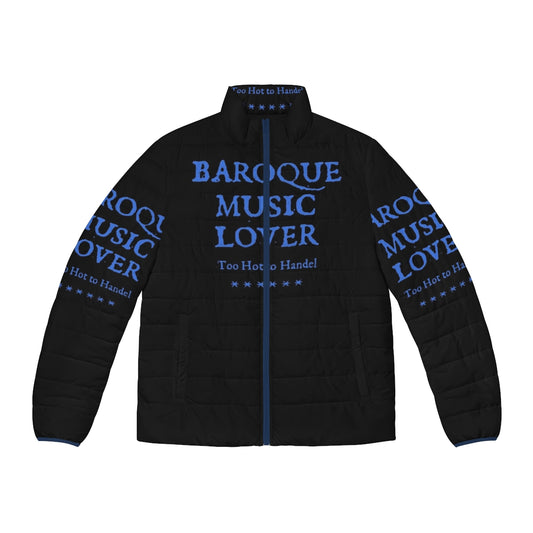 Classical and baroque music lover wearing a funny puffer jacket with a Handel tribute design