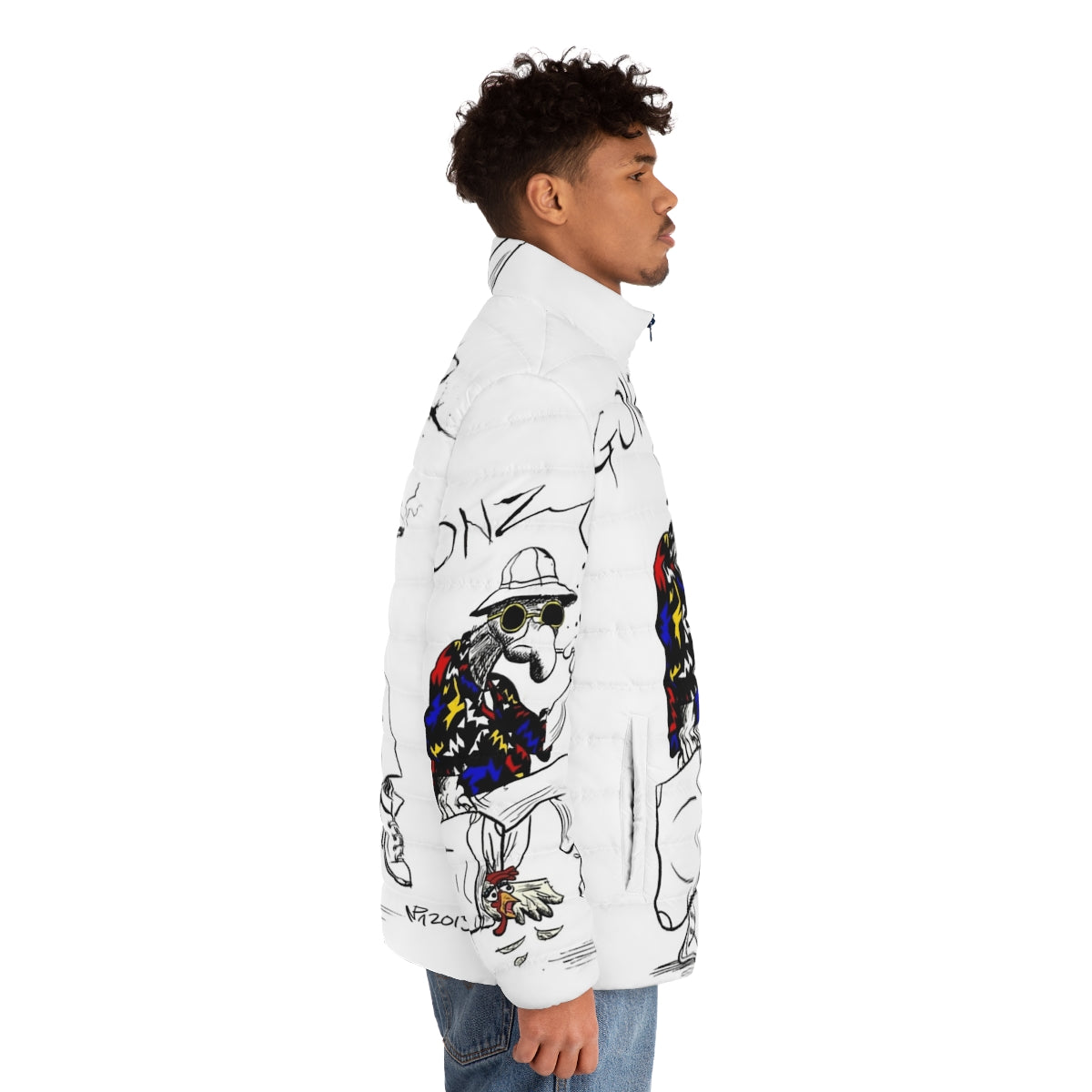 Gonzo Fear and Loathing in Las Vegas inspired puffer jacket with psychedelic pop art design - men side right