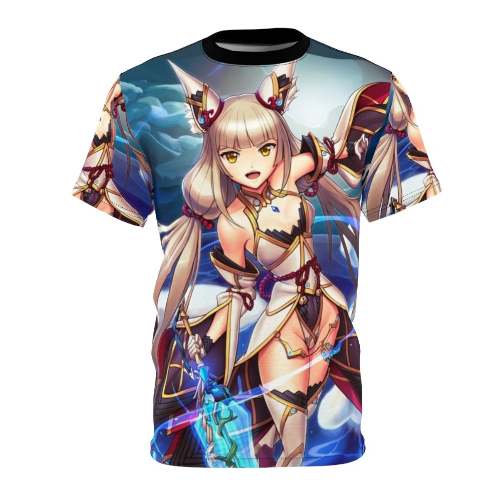 Vibrant anime-style illustration of the female character "Nia Blade" on a high-quality t-shirt