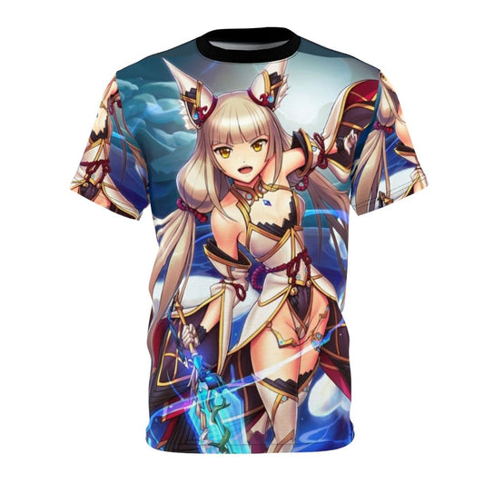 Vibrant anime-style illustration of the female character "Nia Blade" on a high-quality t-shirt