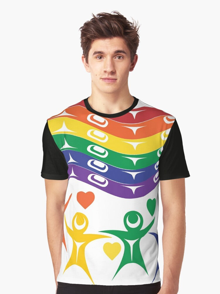 Colorful rainbow graphic t-shirt with the text "Pride Month" on a white background. - Men