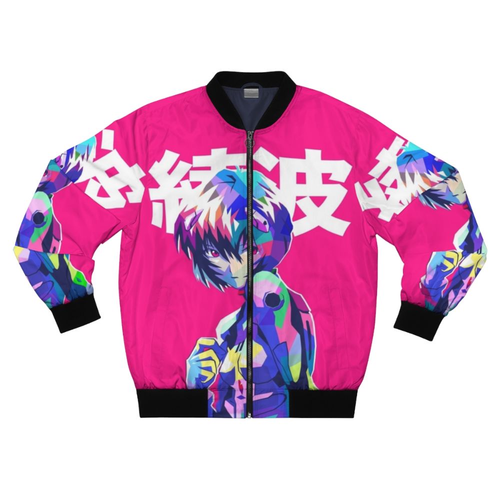 Rei Ayanami inspired bomber jacket with anime motifs and kanji design