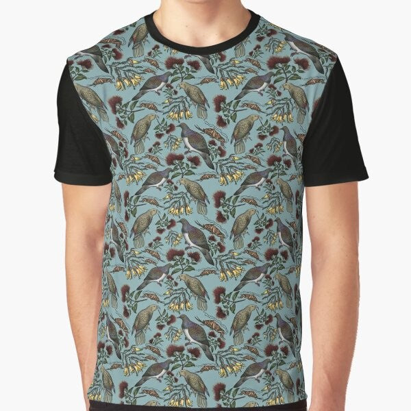 Kiwiana - Into the Forest (Moss) Graphic T-Shirt featuring New Zealand native birds and flora