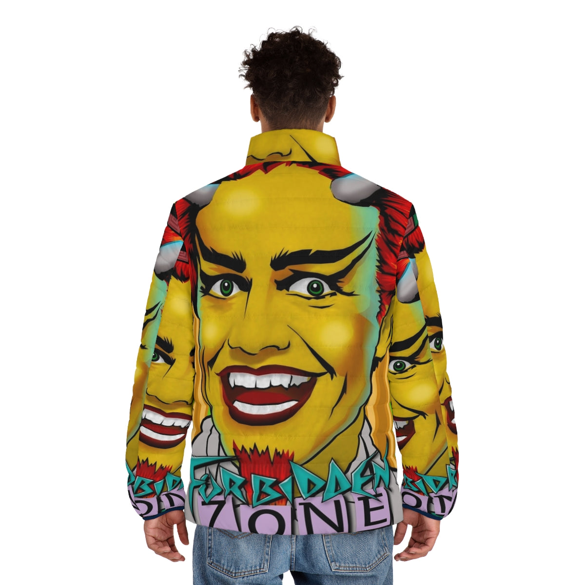 Retro "Forbidden Zone" puffer jacket featuring nostalgic 80s music fan art - men back