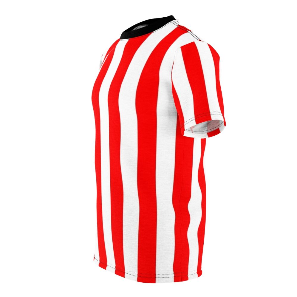 A person wearing a red and white vertical striped t-shirt with a minimalist, geometric pattern design. - men left