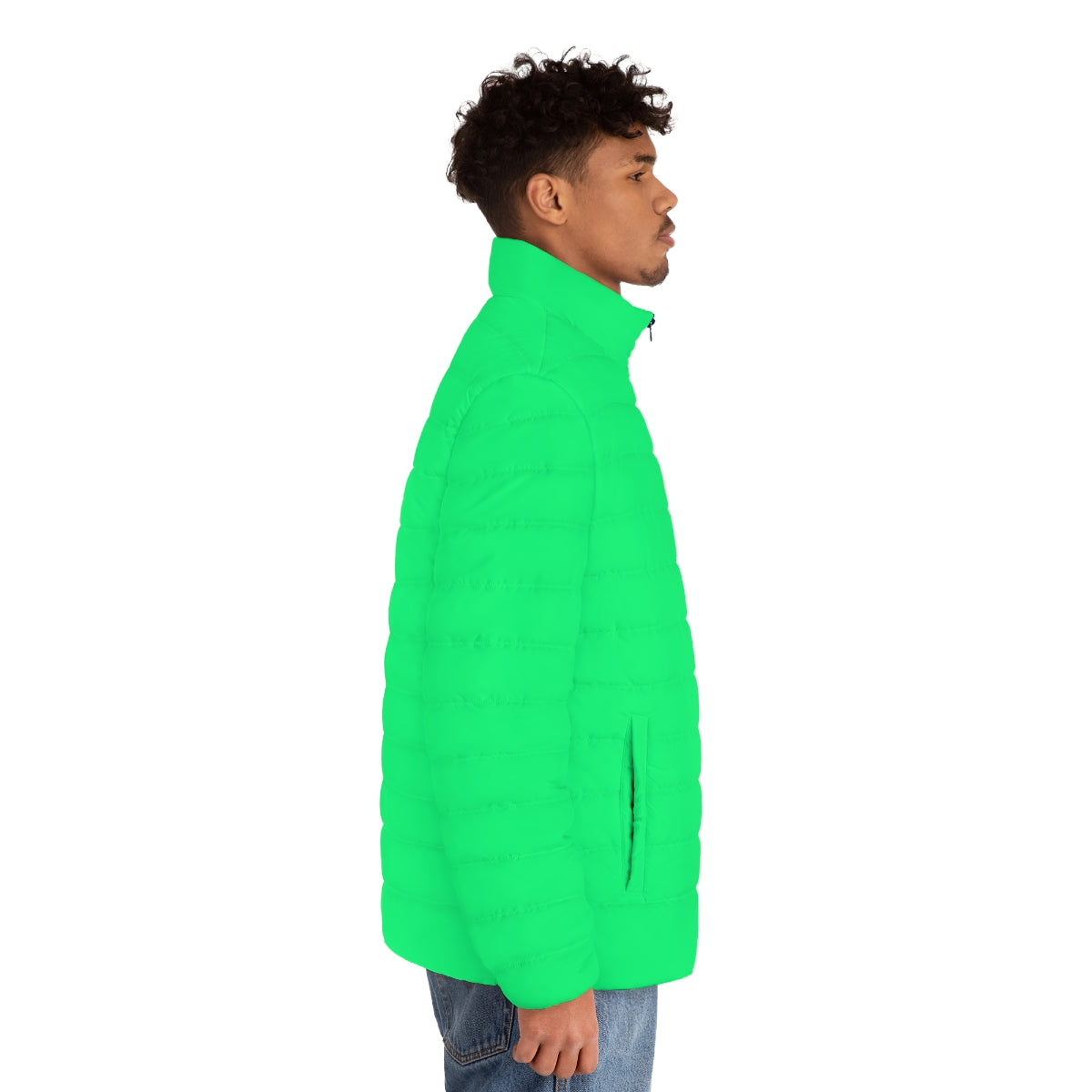 A lightweight and cozy spring green puffer jacket with a minimalist design. - men side right