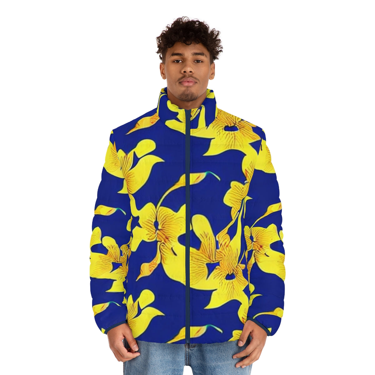 Closeup of a blue puffer jacket featuring a vibrant abstract yellow floral pattern - men front