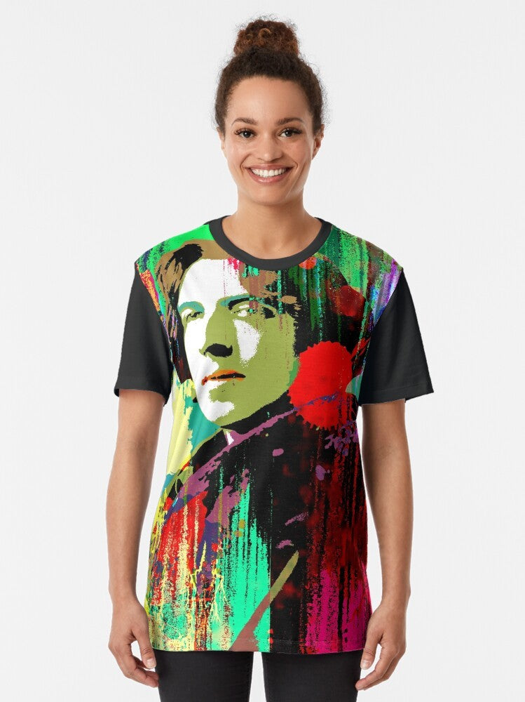 Stylish graphic t-shirt featuring the portrait and signature of famous Irish writer and literary icon Oscar Wilde, known for his contributions to LGBTQ+ culture. - Women