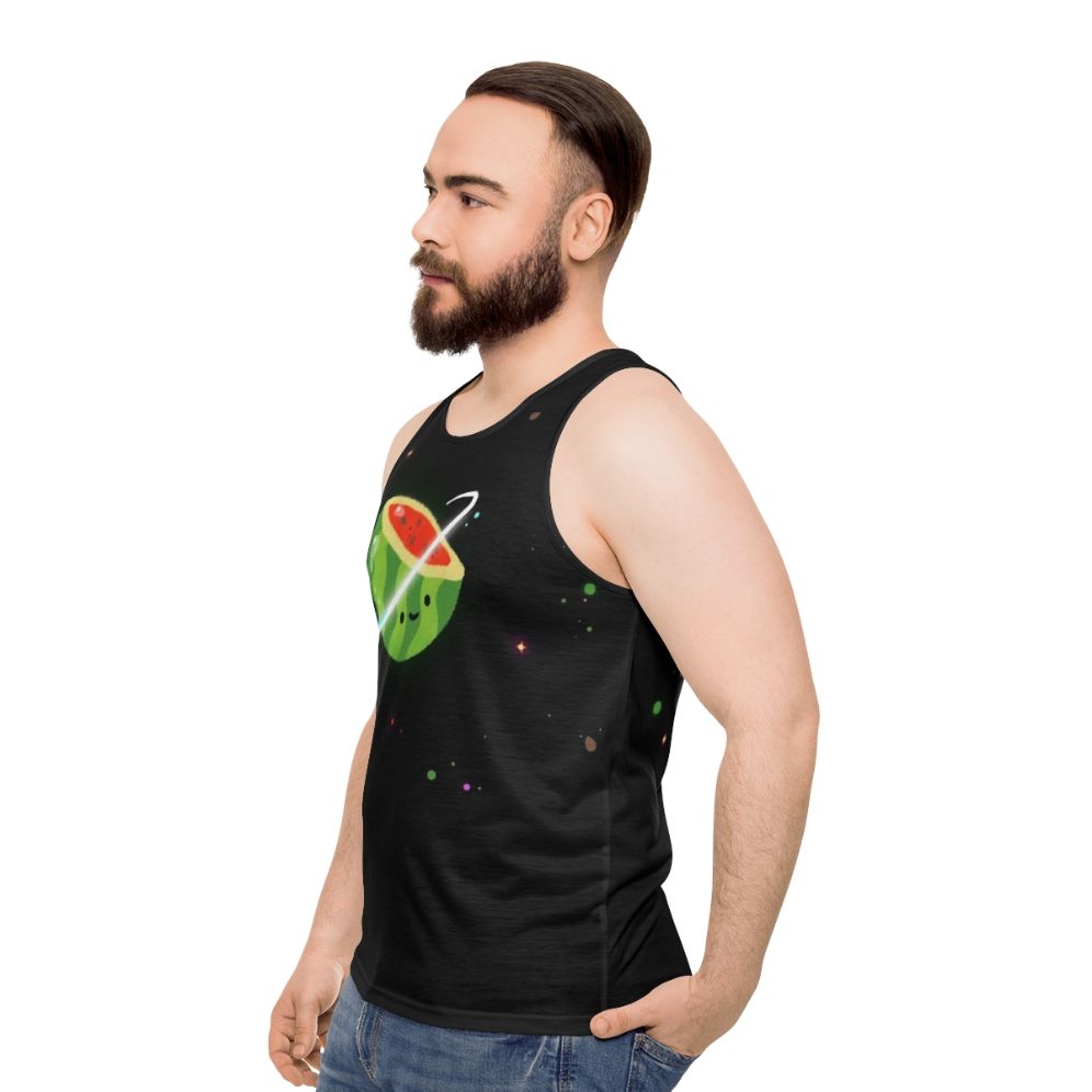 Unisex tank top with a space-themed melon print design - men side