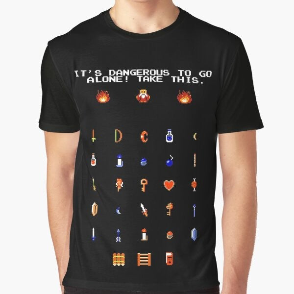 Retro Zelda gaming t-shirt featuring the iconic "It's Dangerous to Go Alone!" quote and 8-bit graphics of Link, Zelda, and Ganon.