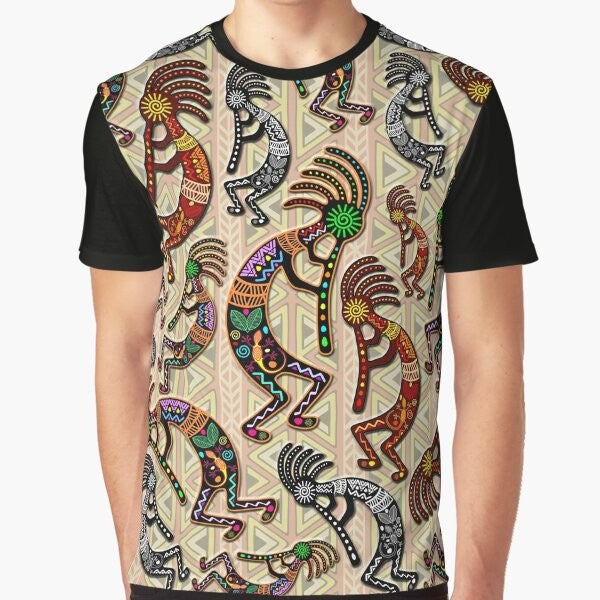 Kokopelli, a mythological trickster god from Native American culture, depicted in a tribal pattern design on a graphic t-shirt.