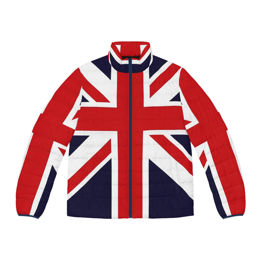 Rose Union Jack puffer jacket featuring the British flag design