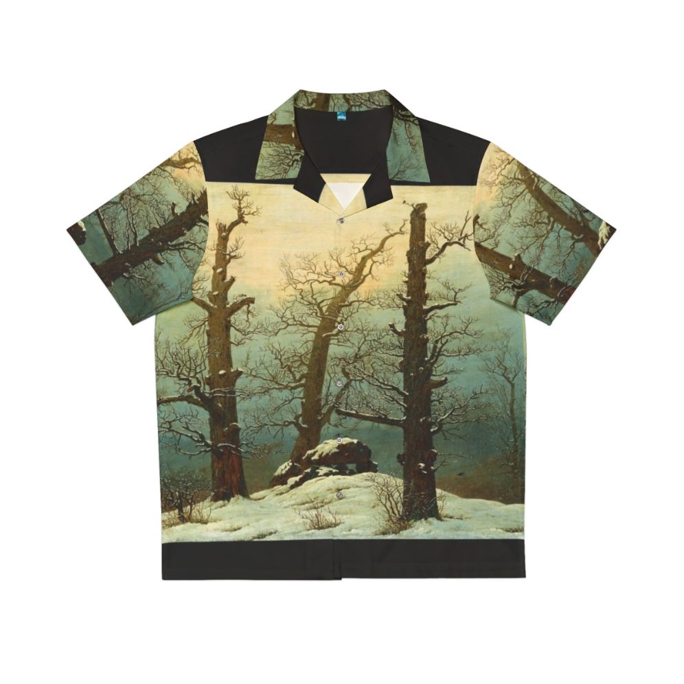 Caspar David Friedrich-inspired Hawaiian shirt with cairn in snow scene