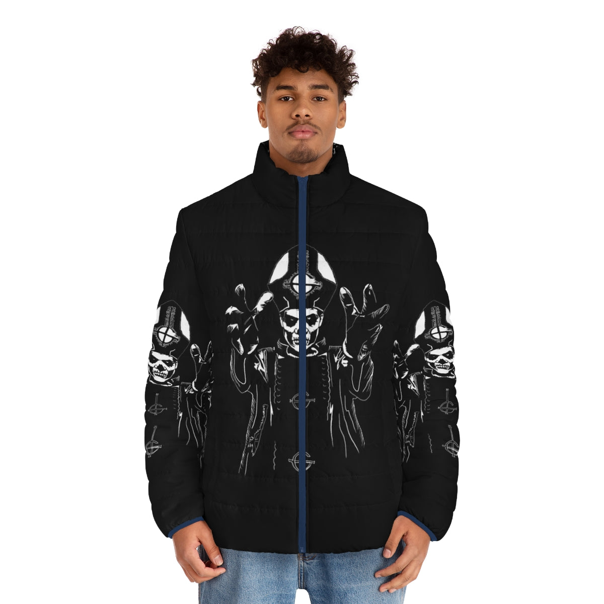 Ghost band Puffer Jacket with Papa Emeritus design - men front