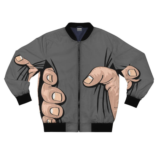 A bomber jacket featuring an illustration of a giant hand squeezing and grabbing the wearer.