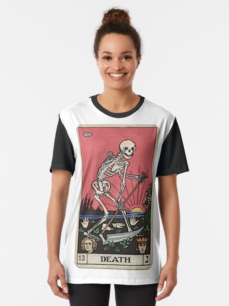 Vintage death tarot graphic t-shirt featuring a spooky skeleton and occult symbols. - Women