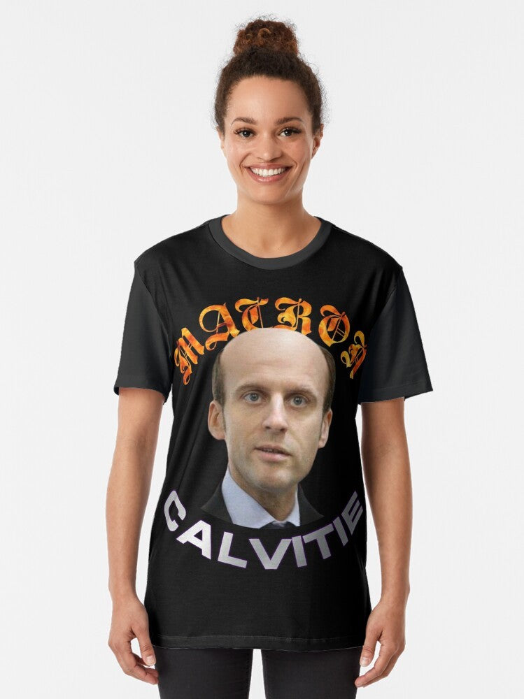 Macron Baldness Graphic T-Shirt featuring a humorous design - Women