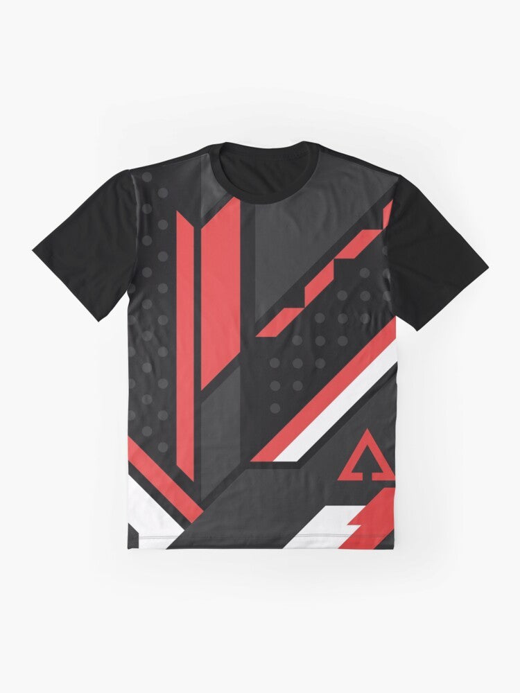 CSGO graphic t-shirt with black, red, and white design featuring popular in-game elements - Flat lay