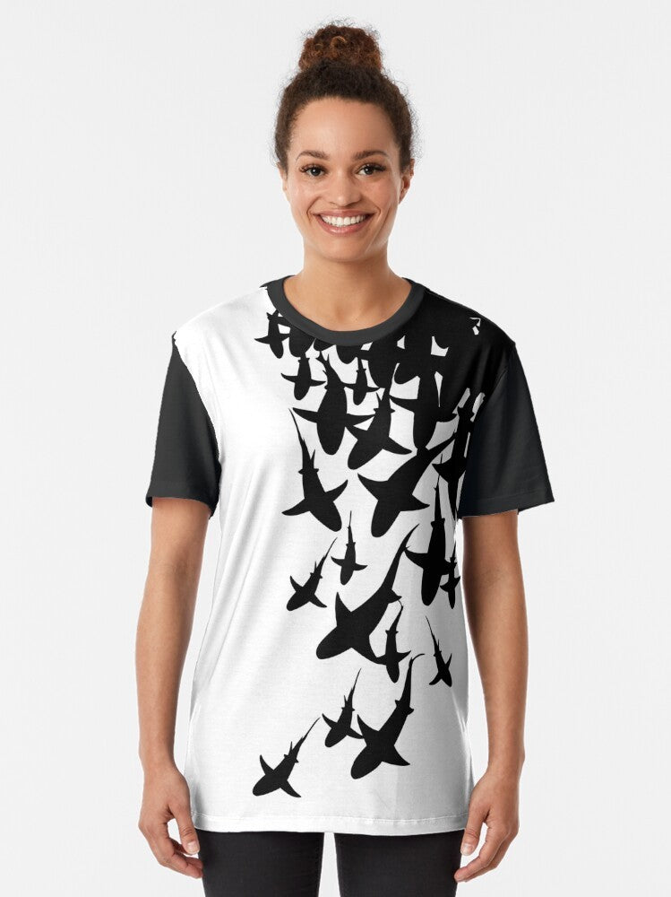 Shark graphic design on a black and white t-shirt - Women