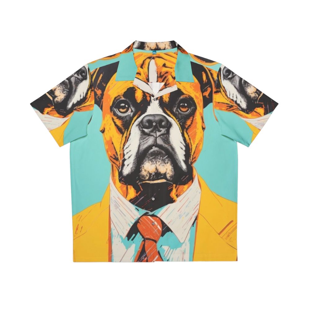 Retro boxer dog wearing a yellow suit in a tropical Hawaiian shirt