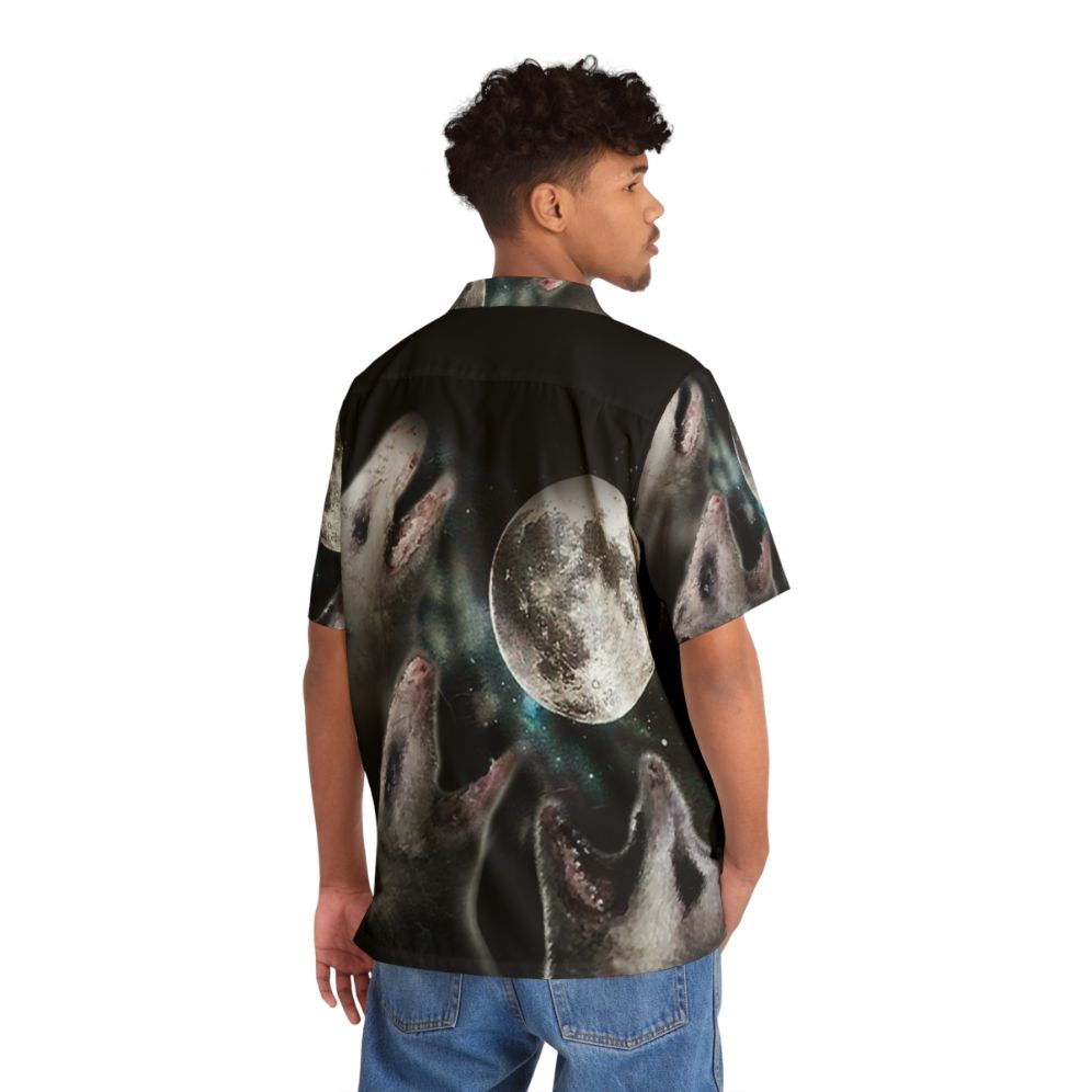 Possum Moon Hawaiian Shirt featuring a howling wolf design in a space-themed pattern - People Back