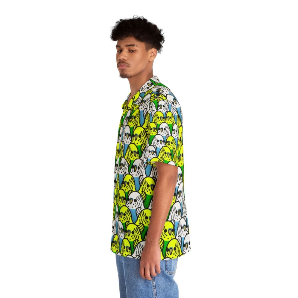 Tropical Hawaiian shirt with a colorful bird pattern featuring cockatiels, cockatoos, macaws, parakeets, and budgies. - People Left