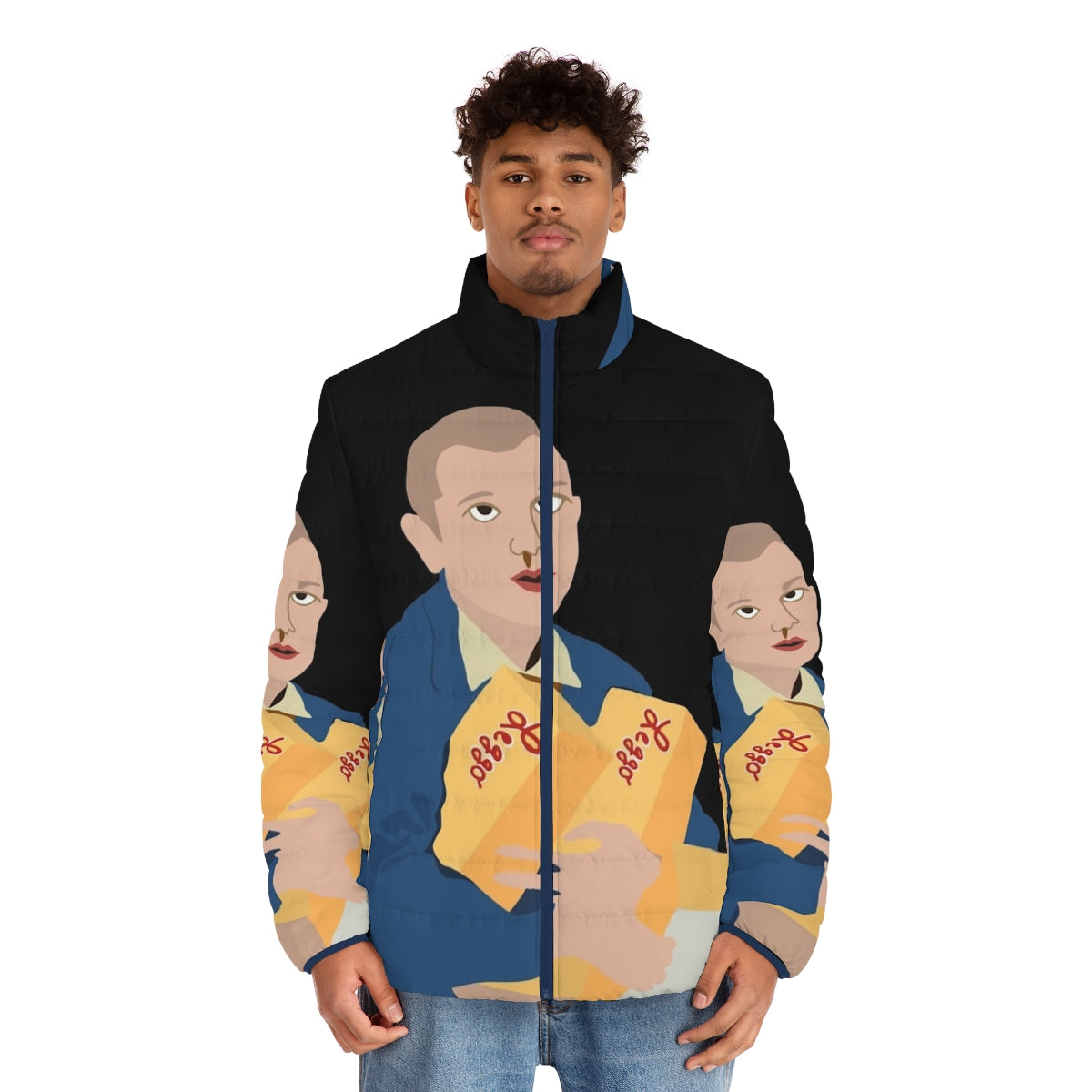 A pink puffer jacket featuring the Stranger Things character Eleven, with fan art design. - men front