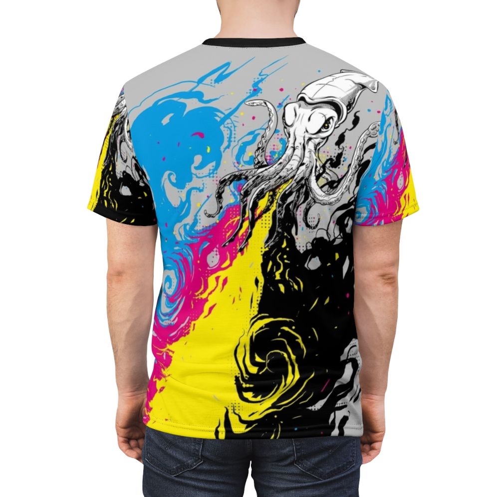 Vibrant digital art t-shirt featuring a colorful squid illustration - men back