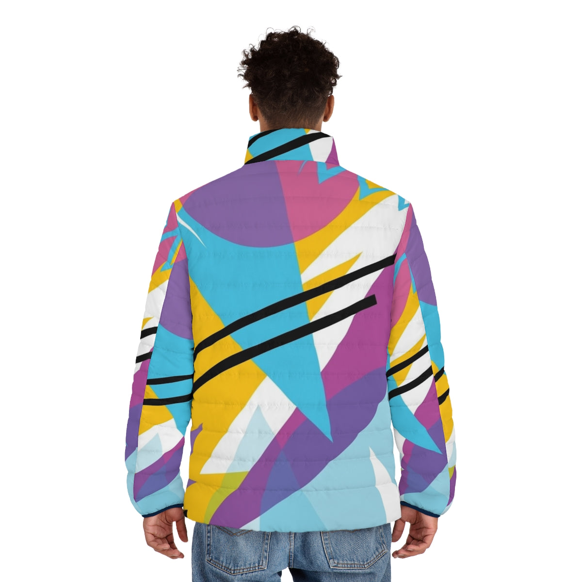 80s style retro fashion puffer jacket with neon pattern - men back