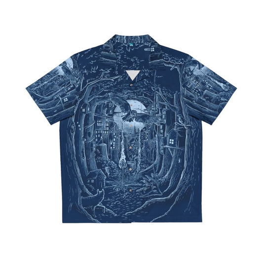 Enchanted Forest Hawaiian Shirt with forest, moon, and animal design