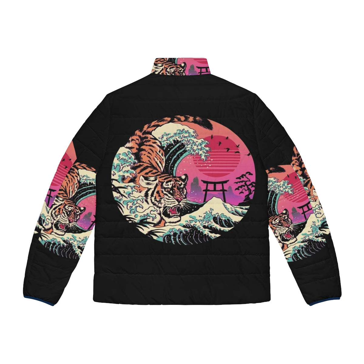 Retro puffer jacket with tiger wave graphic design - Back