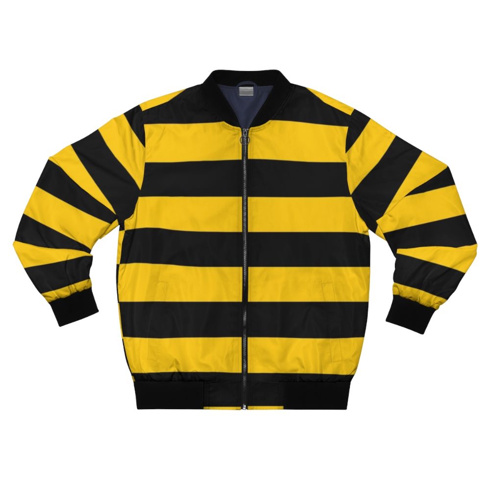 A stylish bomber jacket featuring a bee-inspired design with yellow and black stripes.