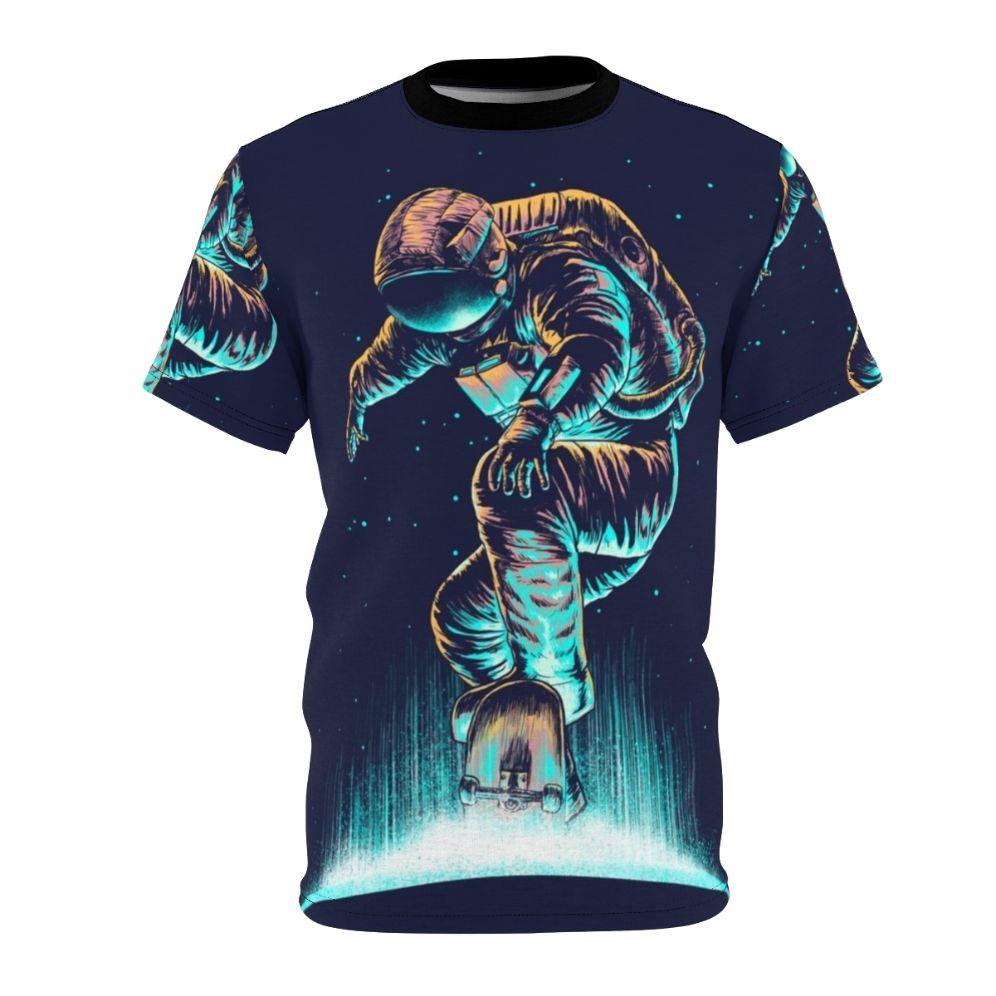 Vibrant cosmic and abstract space-themed graphic design on a high-quality t-shirt.